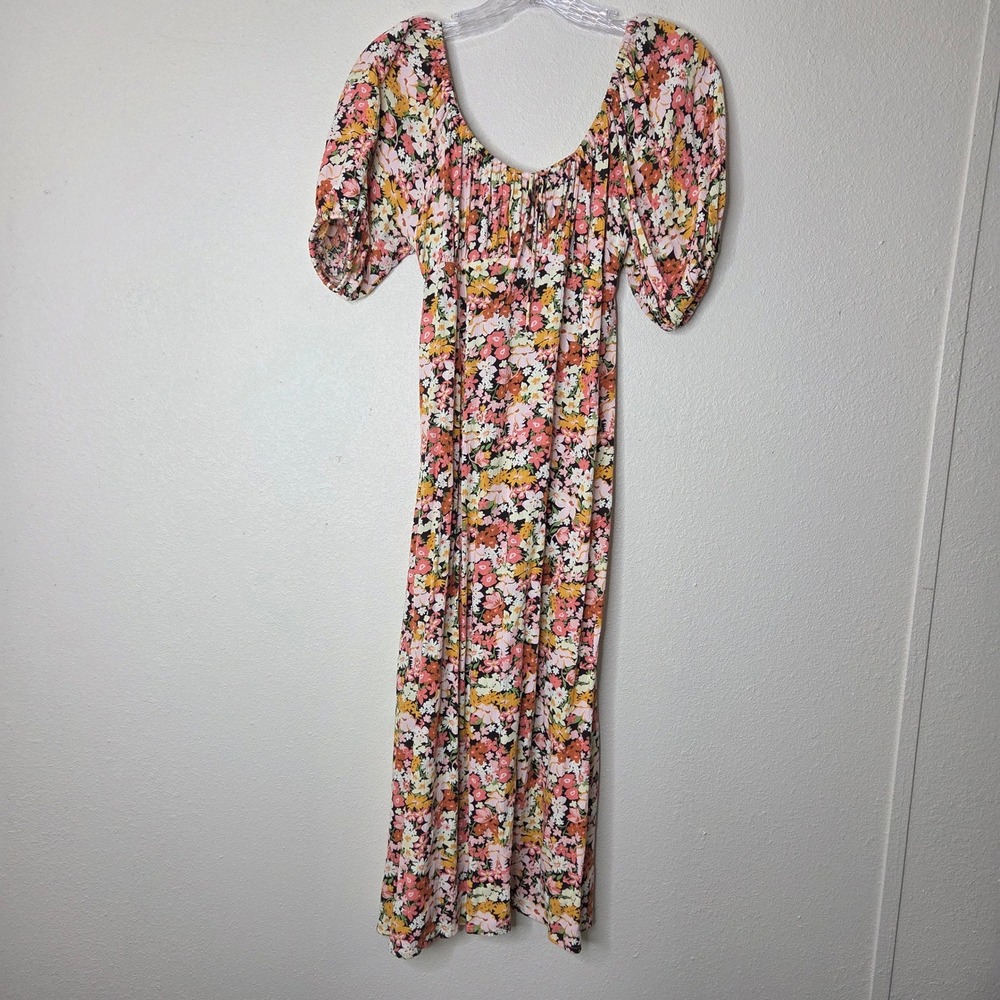 Billabong Dress Small‎ Pink Floral Print Smocked Puff Sleeve Maxi